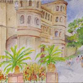 Helle Zeichnung der Porta Nigra mit Palmen im Vordergrund