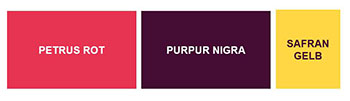 Die Farben des Corporate Designs sind Petrus Rot, Purpur Nigra und Safran Gelb.
