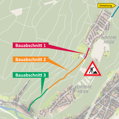 Die Karte zeigt neben einem Baustellensymbol die drei Baubschnite der Straßensanierung im Karrenbachtal