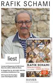 Plakat zur Lesung von Rafik Schami mit einem Foto des Künstlers