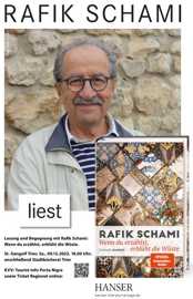 Plakat zur Lesung von Rafik Schami mit einem Foto des Künstlers