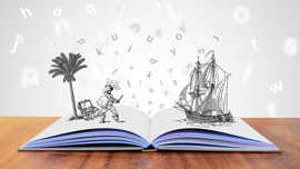Ein aufgeschlagenes Buch, aus dem Buch wachsen ein Pirat, eine Palme, eine Schatztruhe und ein Piratenschiff heraus