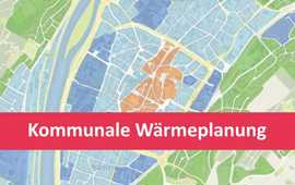 Kartenausschnitt der Stadt Trier mit einem überlagerndem roten Textfeld mit dem weiße Schriftzug "Kommunale Wärmeplanung"