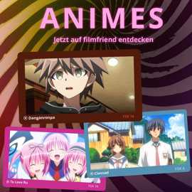 Collage aus Anime-Filmszenen mit jungen Charakteren und dem Schriftzug Animes jetzt auf filmfriend entdecken