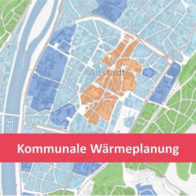 Kartenausschnitt der Stadt Trier mit einem überlagerndem roten Textfeld mit dem weiße Schriftzug "Kommunale Wärmeplanung"
