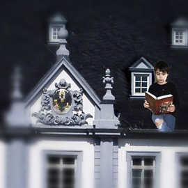 Fotomontage: Ein Junge liest ein Buch auf dem Dach des Palais Walderdorff